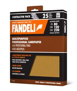 FANDELI | Multipurpose Sandpaper Sheets, 9″ x 11″, 230 mm x 280 mm, 25-Sheets Pack, Assorted Grits (80, 120, 220), for All Types of Surfaces, Intermediate and Final Finishing