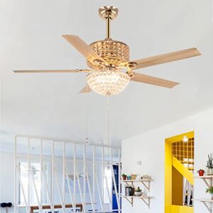 Golden Crystal Ceiling Fan Light with 5 Metal Blades and Remote Control, Modern Quiet LED Fan Chandelier Fan Light for Living Room Bedroom Home 52-Inch