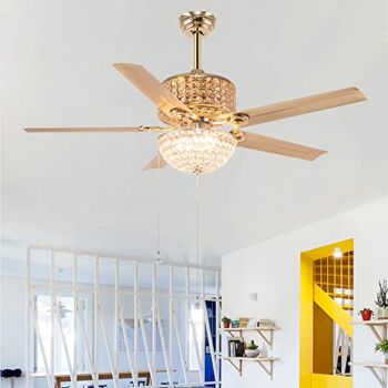 Golden Crystal Ceiling Fan Light with 5 Metal Blades and Remote Control, Modern Quiet LED Fan Chandelier Fan Light for Living Room Bedroom Home 52-Inch | The Storepaperoomates Retail Market - Fast Affordable Shopping