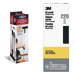 HYDE 09180 Dust-Free Vacuum Sander, Professional Pole Sander & 3M 99436 Drywall Sanding Screens Pro-Pak, 220-Grit, 4-3/16 in x 11-1/4 in, Black, 10 Piece
