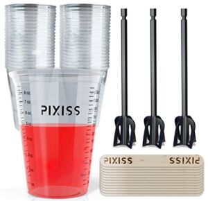 50 Resin Mixing Cups & Resin Mixing Paddles – 10-Ounce For Measuring Paint, Resin, Epoxy – 3 Reusable Pixiss Multipurpose Bidirectional Paint Stirrer for Drill Epoxy & Paint Mixer Drill Attachment