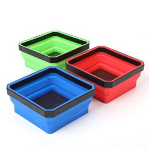 PR1ME Collapsible Magnetic Parts Tray Set, 3 Pieces, Foldable Magnetic Tool, 4.25 inch Square Silicone Bowls with Magnetic Base Stores and Organizes Small Parts and Tools