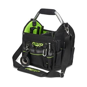 AWP 12″ Pro Tool Tote | Water Resistant Tool Bag with Rotating Handle, Removable Shoulder Strap and 21 Tool Storage Pockets, Black/Green