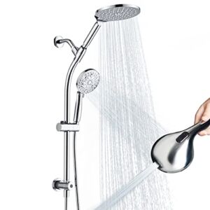 High Pressure Handheld/Rain 3-way Shower Head Combo with 26″ Adjustable Drill-free Stainless Steel Slide Bar, 10-Mode Handheld Shower Head & 7.48″ Rain Shower Head with 5ft Hose – Polished Chrome