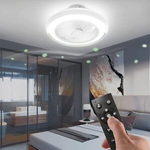 19.6“ Ceiling Fan with Lights Low Profile Flush Mount Ceiling Fans with Remote Control 3 Wind Speeds Dimmable 3 Colors Iron Invisible 8 Bladeless Enclosed White Fan Light for Bedroom Kitchen – Silver