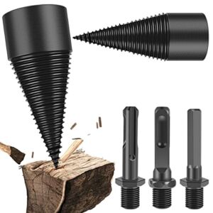 Firewood Drill Bit Set with 3 Drill Handles 32mm 42mm Removable Carbon Steel Log Splitter Drill Bit Sturdy Wear Resist Firewood Splitter Drill Cone Splitter Drill Bit for Household Farm Camping