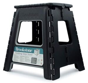 BROOKSTONE 16” Folding Step Stool for Adults, Non-Slip Textured Grip Surface, Foldable Space Saving Design, Carrying Handle, Holds Up to 300 Pounds, for Kitchen and Rest of Home, Black