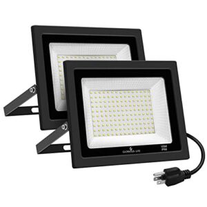 GLORIOUS-LITE 2 Pack 100W LED Flood Light Outdoor, 10000LM LED Work Light with Plug, 5000K Daylight White, IP66 Waterproof Outdoor Floodlights for Yard, Garden, Playground