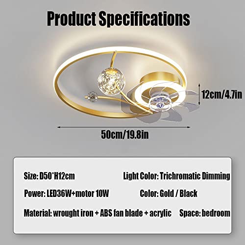XFSHZWN Gold LED Dimmable ABS Fan Blade Clear Flush Mount Ceiling Fan Light 3 Gears 3000K/4500K/6000K Diameter 50cm Ceiling Lamp with Fan Powerful Motor Low Noise Quiet Light Fixtures | The Storepaperoomates Retail Market - Fast Affordable Shopping