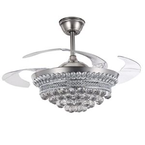 42 Inch Crystal Ceiling Fan , Silver Crystal Ceiling Fan Chandelier with Remote 3 Speeds 3 Colors Changes Lighting Fixture, Blades Retractable Fans for Bedroom Living Room Dining Room