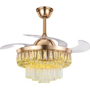 FINE MAKER 42” Crystal Invisible Chandelier, Ceiling Fan with Lights, 3 Color Lights 3 Speed Remote Control, 2 Changeable Rods, Invisible Fan blade, suitable for Office Bedroom Living room （Gold）