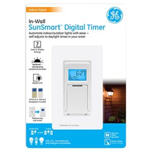 GE SunSmart in-Wall Digital Timer, Daily ON/Off Times, Programmable Settings, Sunset/Sunrise Presets, Vacation Security, White Almond Paddles Included, for Lights, Fans, Heaters 32787