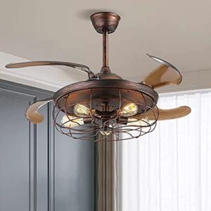 VIGAT Retro Industrial Ceiling Fan with Light and Remote Reversible Retractable Blade Ceiling Fan Rusty Metal Fan Chandelier (Size:42 Inches)