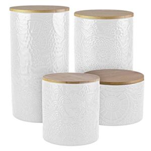 American Atelier Embossed Canister Set 4-Piece Ceramic Set Jar Container with Wooden Lids for Cookies, Candy, Coffee, Flour, Sugar, Rice, Pasta, Cereal & More White