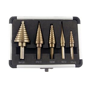 CO-Z Step Drill Bits, HSS 5PCS Titanium Step Drill Bit Set, 50 Sizes in 5 High Speed Steel Unibit Drill Bits Set for Sheet Metal with Aluminum Case, Multiple Hole Stepped Up Bits for DIY Lovers33