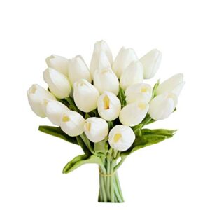 Mandy’s 20pcs White Flowers Artificial Tulip Silk Flowers 13.5″ for Home Kitchen Wedding Decorations