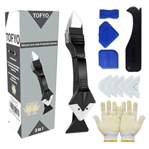 TOFYO Caulk Remover Tool 12Pcs, 3 in 1 Silicone Caulking Tool Kit (UPGRADED Stainless-Steel Head) re-usable 5 Silicone Pads, 2 PVC Dotted Gloves and 4 Caulk tool, Grout Removal Tool