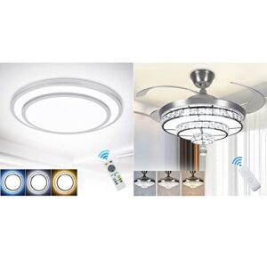DLLT 48W Dimmable Led Flush Mount Ceiling Light with Remote-20 Inch Close to Ceiling Lights Fixture with Crystal Ceiling Fan with Light, 36W Modern Ceiling Fan Remote