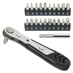 STREBITO Mini Ratchet Set, 22-Piece 1/4 Ratchet Right Angle Screwdriver, 36-Tooth Small Ratcheting Wrench Bit Ratchet For Tight Spaces, with Phillips, Slotted, Torx, Hex, Square and Adapter for Socket