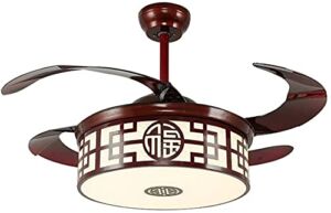 BAMBW Chinese Ceiling Fan Light, Wrought Iron Acrylic, 72W Tri-Tone Light, Remote Control Adjustable, Suitable for Home, Hotel, Restaurant, Red