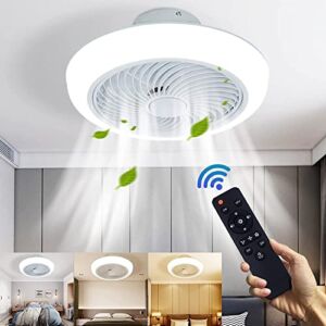Enclosed Ceiling Fan with Light Flush Mount, Low Profile Ceiling Fan Light with Remote Control, Modern Ceiling Fan Dimmable Led Light, 22 Inch Enclosed Ceiling Fan Light 3 Gear Wind