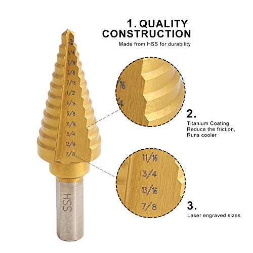COMOWARE Step Drill Bit Set & Automatic Center Punch- Unibit, Titanium Coated, Double Cutting Blades, High Speed Steel, Short Length Drill Bits Set of 5 pcs, Total 50 Sizes with Aluminum Case | The Storepaperoomates Retail Market - Fast Affordable Shopping