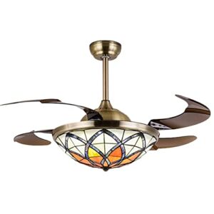 SoOSSN 42 Inch Retractable Ceiling Fan with Lights and Remote MediterraneanChandelier Invisible Blades Fandelier Handmade Stained Glass Shade Living Room Kitchen 3 Speed Regulation,Orange
