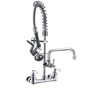 CWM Commercial Wall Mount Kitchen Sink Faucet Brass Constructed Polished Chrome Pre-Rinse Device 25″ Height 8″ Center with Spring Pull Down Sprayer and 12″ Add-on Spout (25 inches)