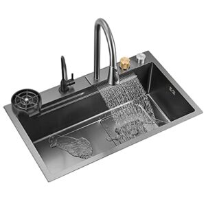 Kitchen Sink 304 Stainless Steel Nano Raindance Waterfall Sink Home Sink Vegetable Basin Single Sink Workstation Kitchen Sink with Pull-Out Faucet, Pressurized Cup Washer