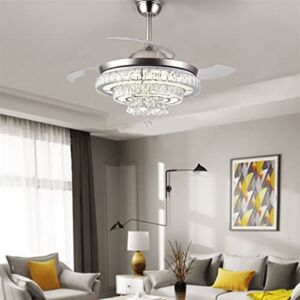 A Million Gold Crystal Ceiling Fan with Light, Modern Luxury Chandelier Fan with Retractable Blade LED Light Change Lighting Fixture