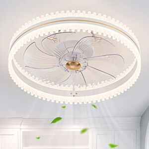 WWM 20” Flush Mount Ceiling Fan with Lights Remote Control, Modern Bladeless Low Profile Ceiling Fan with Light, Dimmable LED 6 Speeds for Bedroom, Kitchen, Living Room, Small Room(White)