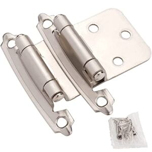 DecoBasics Satin Brushed Nickel Cabinet Hinges for Kitchen Cabinets (25 Pair -50 Pcs) -1/2″ Overlay (Variable) -Self Closing Kitchen Cabinet Hinges Flush Mount w/ Silicon Bumpers & Upgraded Screws