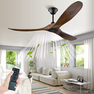 Ceiling Fan No Light, Outdoor Ceiling Fan with Remote Control, Wood Ceiling Fan, 6 Speed Noiseless Reversible Dc Motor, for Patio Living Room, Bedroom, Office, Covered Outdoor (52 inch, walnut)