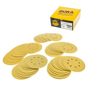 Dura-Gold Premium – Variety Pack – 5″ Gold Sanding Discs – 8-Hole Dustless Hook and Loop – 10 Each of Grit (60, 80, 120, 220, 320) – Box of 50 Sandpaper Finishing Discs for Woodworking or Automotive