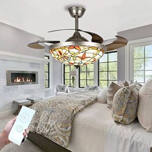 42″ Tiffany Style Modern Chandelier Ceiling Fan with light Fandelier with Handmade Retro Rustic Lampshade 3 Fan Speed 3 Color Lighting with Remote Noise Free Fan for Bedroom Living Room