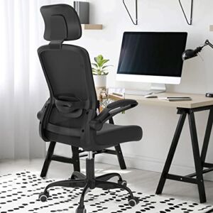 Office Chair, Ergonomic Desk Chair with Adjustable Lumbar Support& Headrest, High Back Mesh Computer Chair with Thickened Cushion & Flip-up Armrests, Home Desk Chair, Black