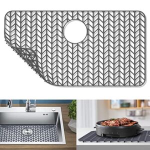 GUUKIN Sink Protectors for Kitchen Sink, 28-3/8”x 15-3/16” Silicone Kitchen Sink Mat Grid for Bottom of Farmhouse Stainless Steel Porcelain Sink with Rear Drain (Grey)