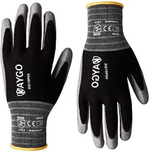 Work Gloves PU Coated-12 Pairs,KAYGO KG15P,Nylon Lite Polyurethane Safety Work Gloves, Gray Polyurethane Coated, Knit Wrist Cuff,Ideal for Light Duty Work (Large, Black)