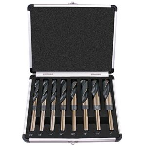 EFFICERE 8-Piece Premium 1/2” Reduced Shank Silver and Deming Large Drill Bit Set in Aluminum Carry Case, M2 High Speed Steel, 135-Degree Split Point | SAE Inch Size 9/16” – 1” by 1/16th Increment