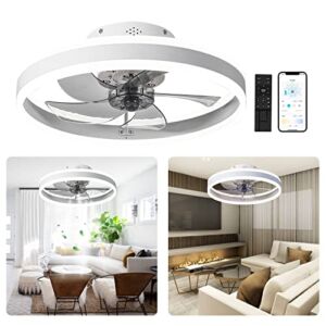 Pitosar Modern Ceiling Fans with Lights Low Profile 19.69″, 56W Ceiling Led Lights Flush Mount for Study Room, Remote APP Control Led Lights for Living Room Ceiling, White