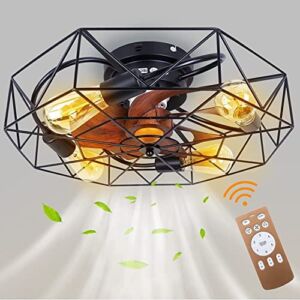 Ceiling Fan with Light and Remote Black DC Ceiling Fan Industrial Vintage Cage Blade Ceiling Fan with Light E26x4 6 Speed Summer and Winter Bedroom Living Room Clothing Store Fan Light
