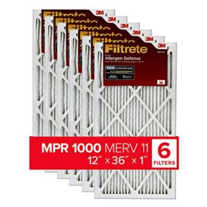 Filtrete 12x36x1, AC Furnace Air Filter, MPR 1000, Micro Allergen Defense, 6-Pack (exact dimensions 11.69 x 35.69 x 0.81)