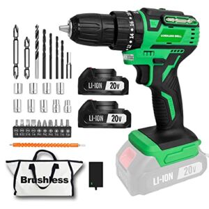 Tegatok Cordless Drill Set, Power Drill Cordless with Charger and 2 X 2.0AH Li-ion Batteries, Brushless drill with 400 In-lbs Torque, 2 Variable Speeds and Safety Lock