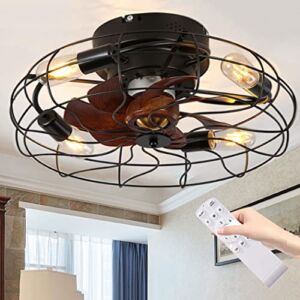 Caged Ceiling Fan With Lights Remote Control, 21″ Low Profile Farmhouse Flush Mount Fandelier, Reversible Motor/6-Speed/Dimmable/1/2/4 Timer, Enclosed Bladeless Indoor Outdoor Porch Sealing Fan