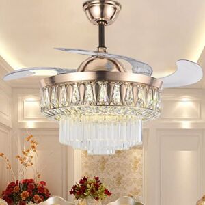 BIGBANABN 42″ Crystal Fandelier Ceiling Fan with Light and Remote, Luxury Gold Chandelier with Retractable Fan 3 Color Changes Silent Fandelier for Living Dinning Room