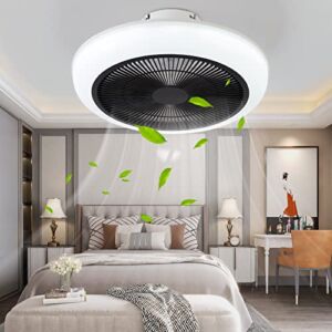 Modern Ceiling Fan with Lights Remote Control 72W Bladeless Ceiling Fan 3 Speed 3 Color Dimmable Enclosed Low Profile Ceiling Fan with Light Flush Mount for Living Room, Bedroom, Kid’s Room(black)