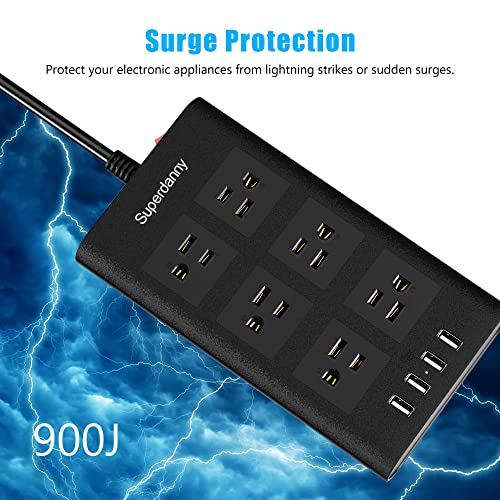 Power Strip Surge Protector, SUPERDANNY Flat Plug 10 Ft Extension Cord with 6 Outlets and 4 USB Ports (1875W/15A), Universal Voltage 110-240V for iPhone iPad Desktop Kitchen Home Office Dorm Black | The Storepaperoomates Retail Market - Fast Affordable Shopping