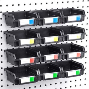 Pegboard Bins – 12 Pack Black – Hooks to Any Peg Board – Organize Hardware, Accessories, Attachments, Workbench, Garage Storage, Craft Room, Tool Shed, Hobby Supplies, Small Parts