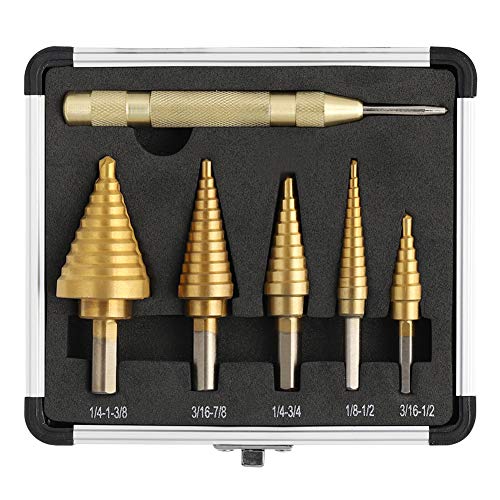 COMOWARE Step Drill Bit Set & Automatic Center Punch- Unibit, Titanium Coated, Double Cutting Blades, High Speed Steel, Short Length Drill Bits Set of 5 pcs, Total 50 Sizes with Aluminum Case | The Storepaperoomates Retail Market - Fast Affordable Shopping