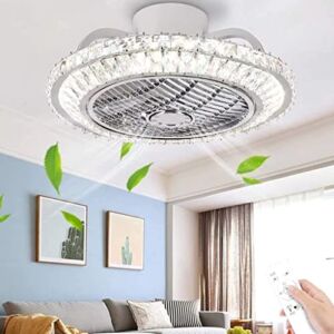 Modern LED Ceiling Fan with Lighting, Round Remote Control Quiet Fan Creative Invisible Ceiling Fan Luxury Crystal Ceiling Light Dimmable Fan Light Living Room Bedroom Children’s Room 50CM